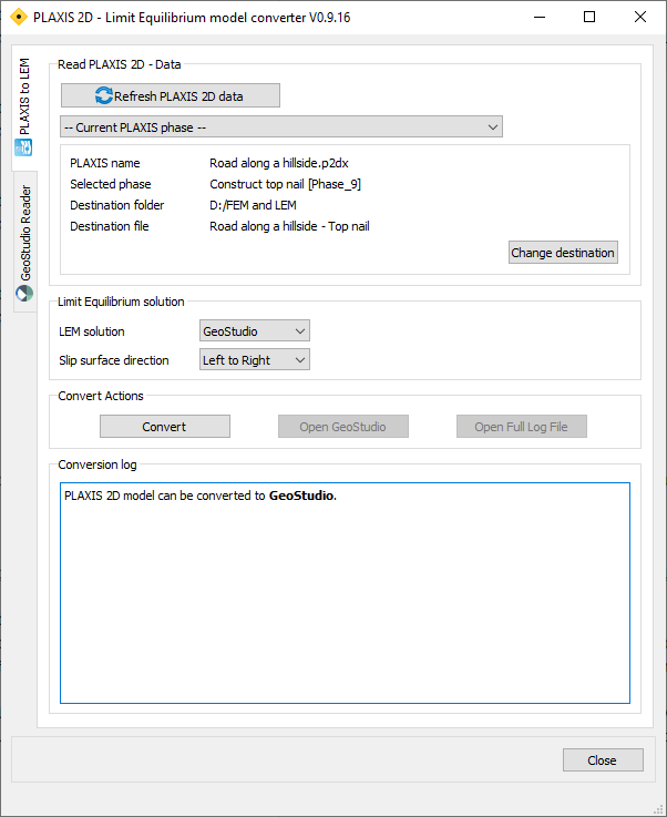 PLAXIS 2D to Limit Equilibrium converter tool user interface directly after launching