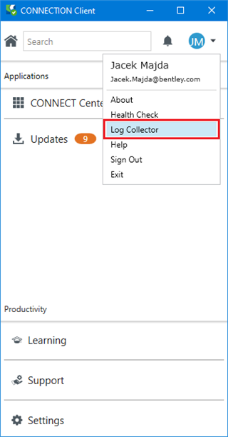 Log Collector option available in the drop-down list in the CONNECTION Client