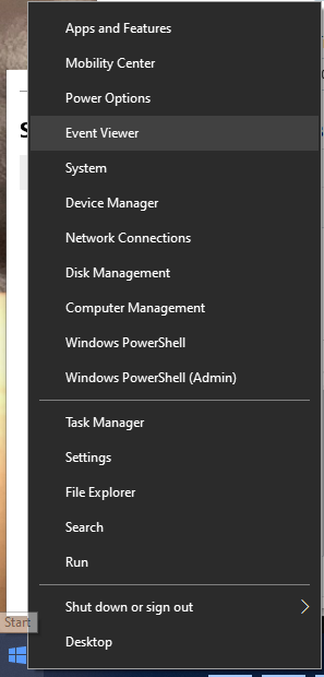 Screenshot of Event Viewer listing in Start menu
