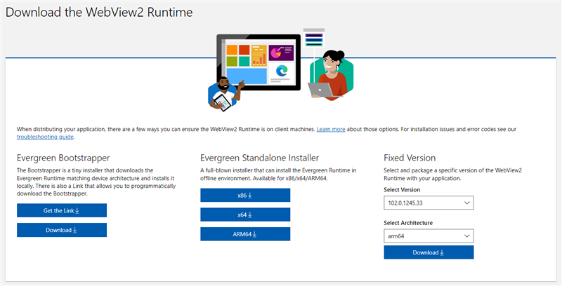 Screenshot of the WebView2 Runtime download options 