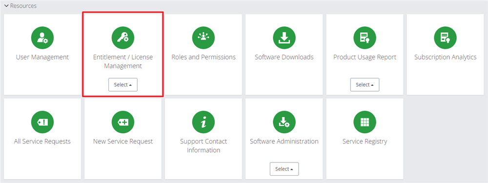 Entitlements/License Management tile in Resources section