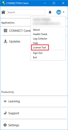 License Tool menu item in CONNECTION Client