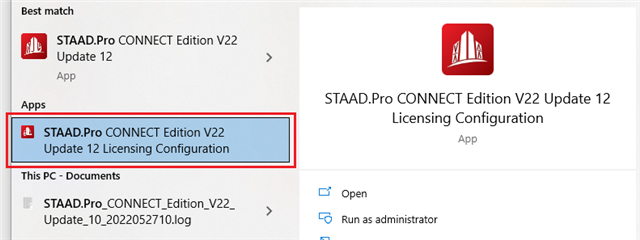 Wybieranie aplikacji STAAD.Pro Licensing Configuration z Windows Start