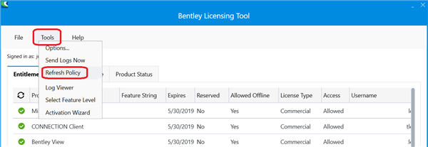 Screenshot of Refresh Policy option in Bentley Licensing Tool