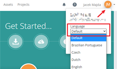 Select he drop down list from your profile icon in the upper right corner to change the language