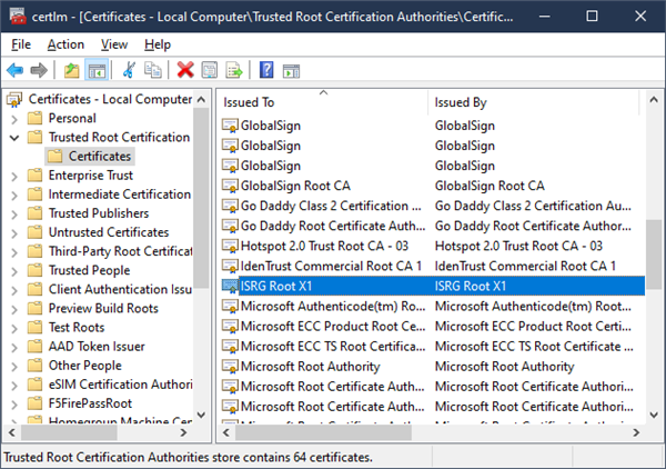 Screenshot of Trusted Root Certification Authorities