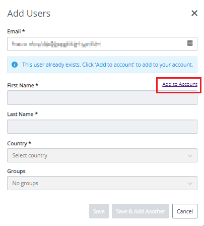 Komunikat "This user already exists. Click 'Add to account' to add to your account."