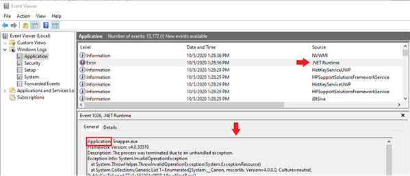 Screenshot of Event Viewer
