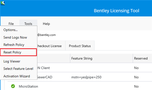 Reset Policy in the Bentley Licensing Tool