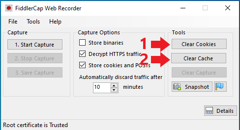Screenshot demonstrating clearing of cache and cookies