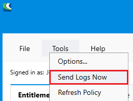 Screenshot of Send Logs Now command