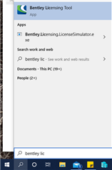Wyszukiwanie Bentley Licensing Tool w Windows Start Menu