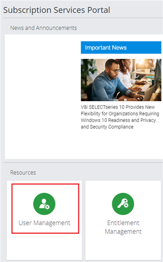 Screenshot with User Management tile highlighted