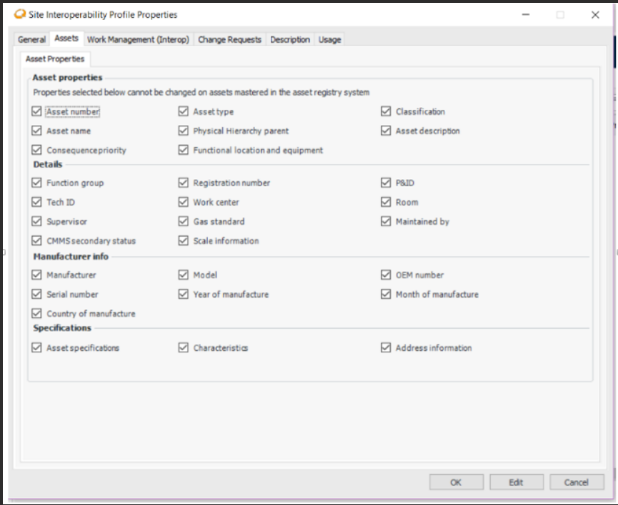 Assets tab with all fields checked