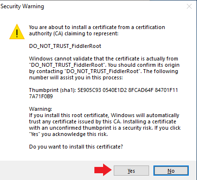 Screenshot of security certificate installation