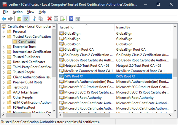 Zrzut ekranu Trusted Root Certification Authorities