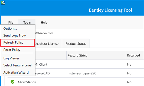 Refresh Policy in the Bentley Licensing Tool