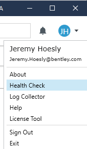 Screenshot of Health Check menu item