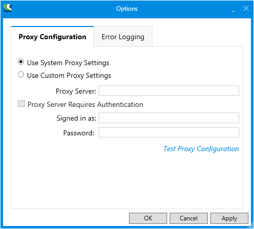 Screenshot of Proxy Configuration tab