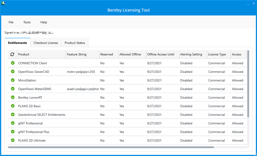  Screenshot of the Bentley Licensing Tool with Entitlements tab active