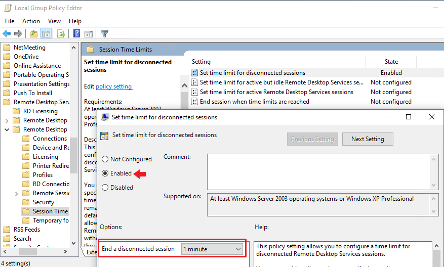 Screenshot demonstrating setting to end disconnected sessions