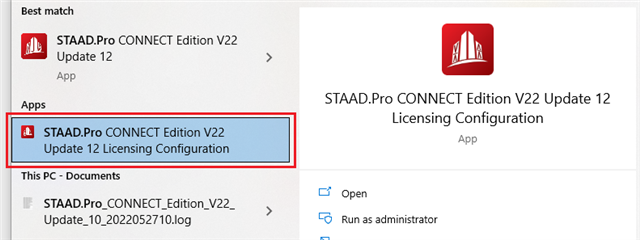 Finiding STAAD.Pro License Configuration application in Windows Start