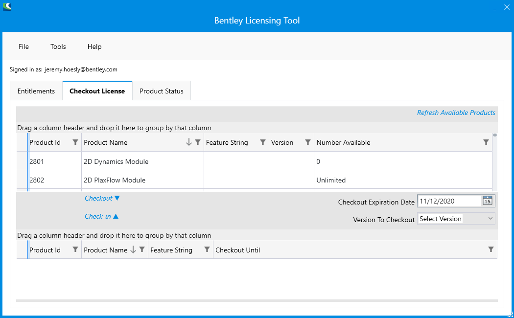 Screenshot of Checkout License tab