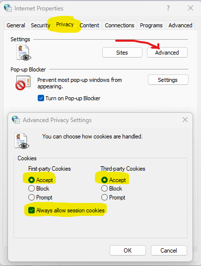 Screenshot of Privacy tab in Internet Options control panel