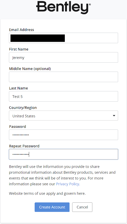 Screenshot of user registration form