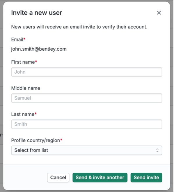 Invite user dialogue
