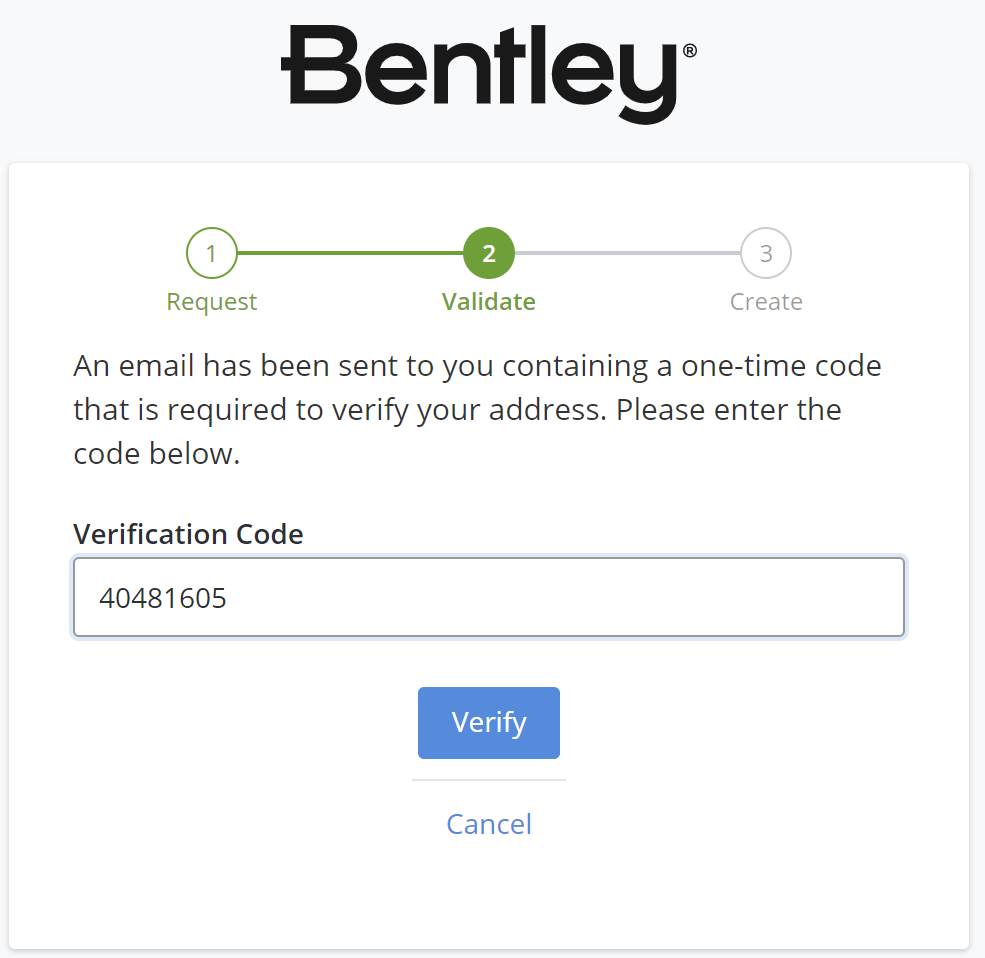 Screenshot of validate step in user registration process