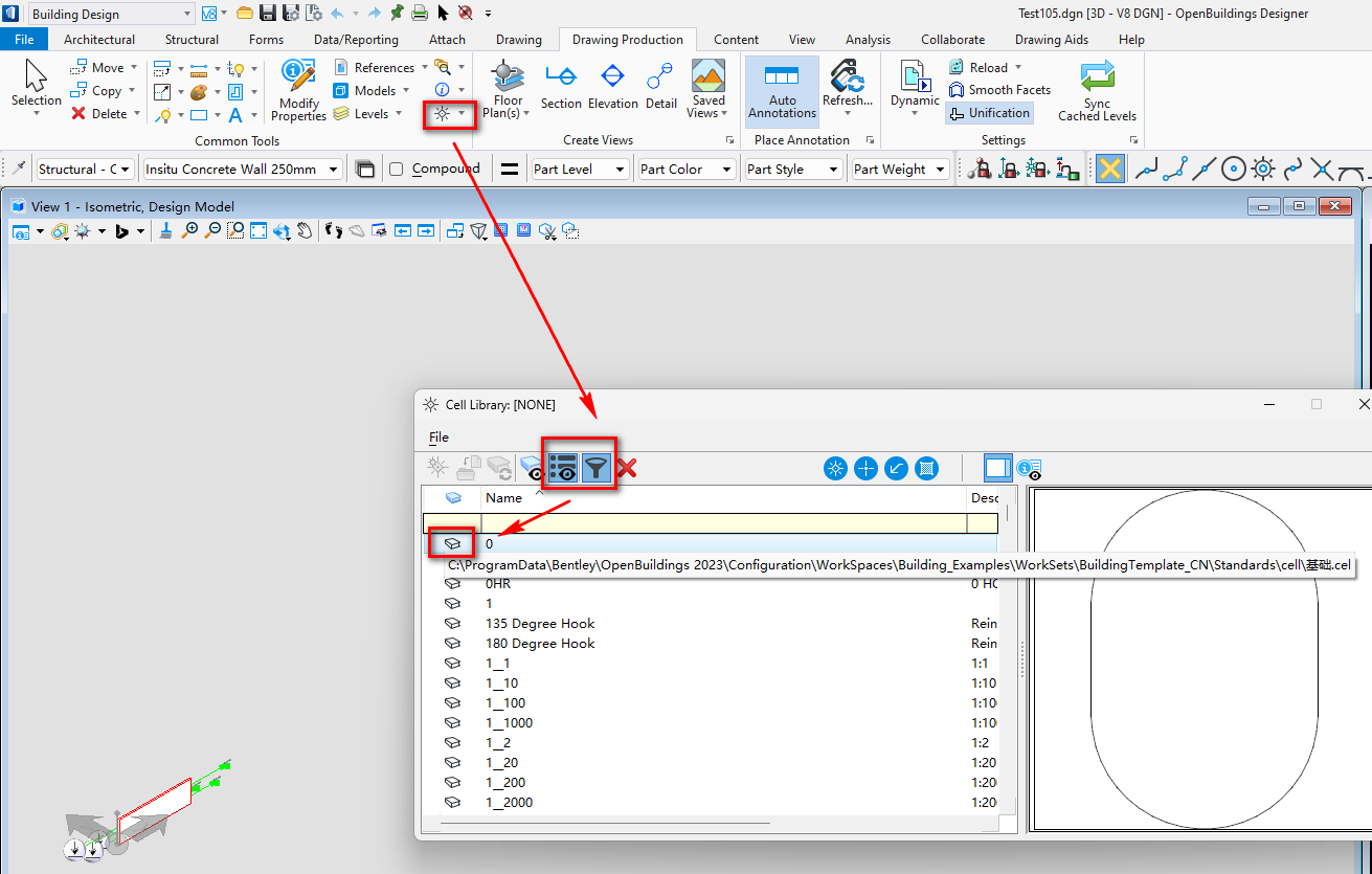 Building Design Architectural Move Structural Forms Data/Reporting Attach References a M odels Modify Drawing Drawing Production Content View Test105.dgn [3D - V8 DGN] - Open8uiIdings Designer Analysis Collaborate Drawing Aids Help Copy Selection Floor Plan(s) Reload Smooth Facets Dynamic Section Elevation Detail Saved Views Create Views Part Level Part Color Auto Refresh... Annotations Place Annotation r. Sync X Delete [Z Properties Levels Common Tools Structural - C Insitu Concrete Wall 250mm View I - Isometric, Design Model Unification Cached Levels Compo Part Style Part Weight ooeo cell Library. [NONE] Na me 135 Degree Hook 180 Degree Hook 10 100 1000 2 20 200 2000 Settings Rei n Rein 1:10 1:10 1:10