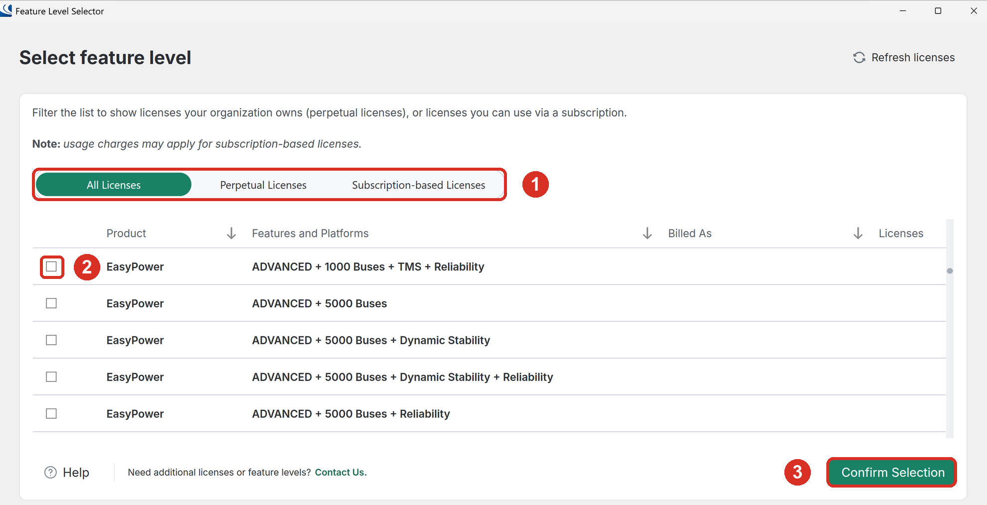 Feature Level Selector with the license tabs, a feature level check box, and the Confirm Selection button highlighted.