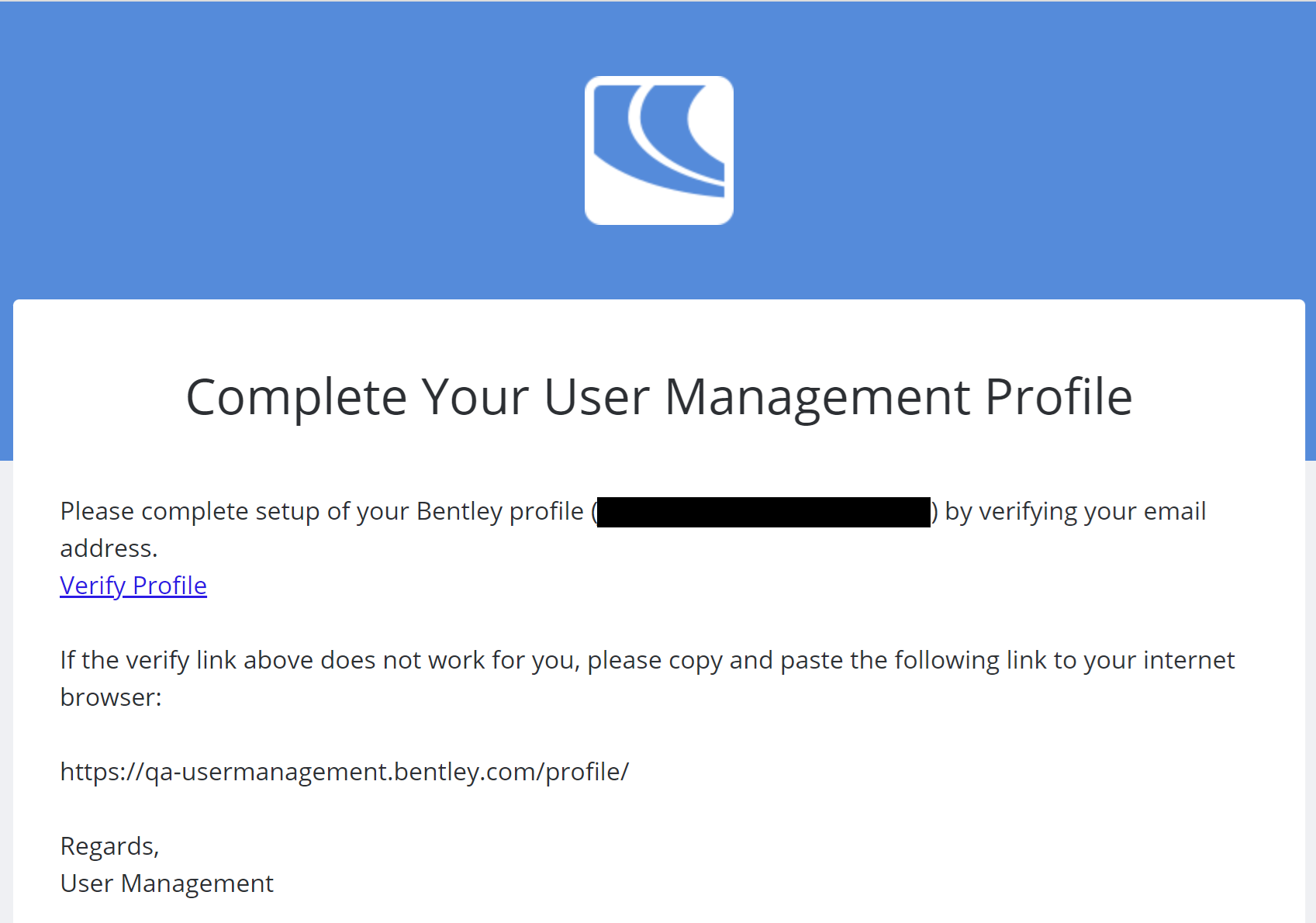 Screenshot of user profile completion email