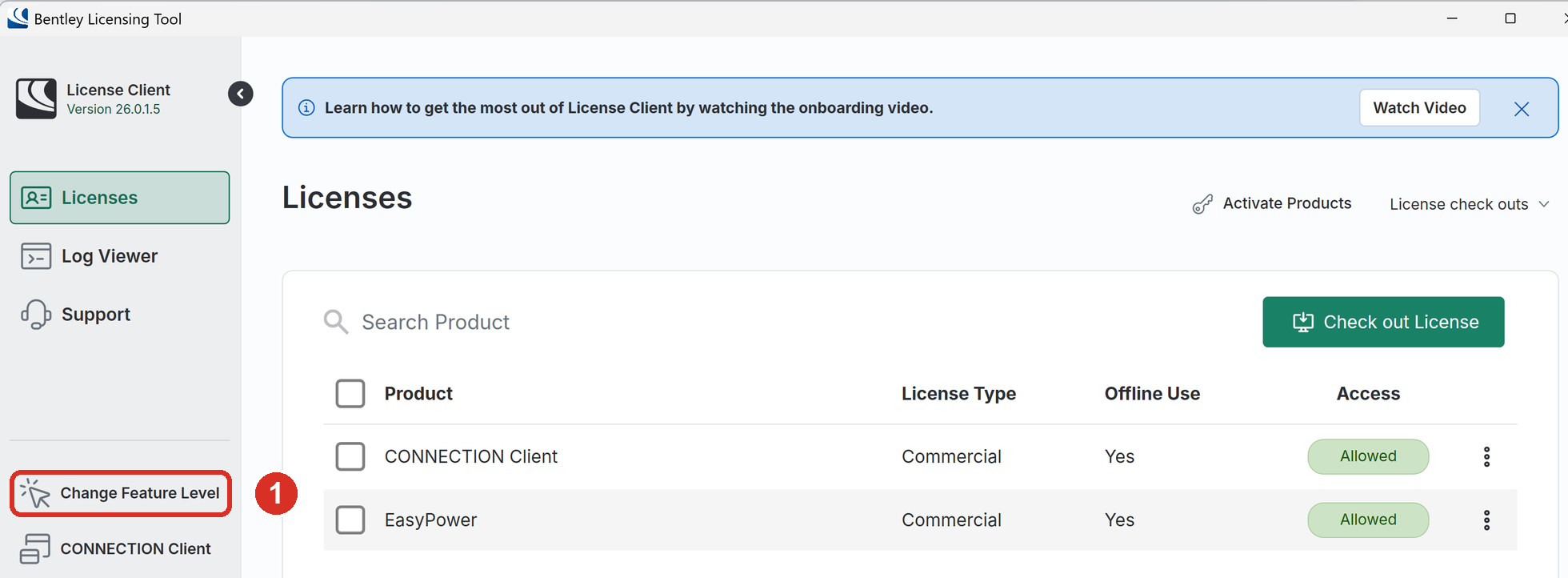 Bentley Licensing Tool with Change Feature Level highlighted in the left pane.