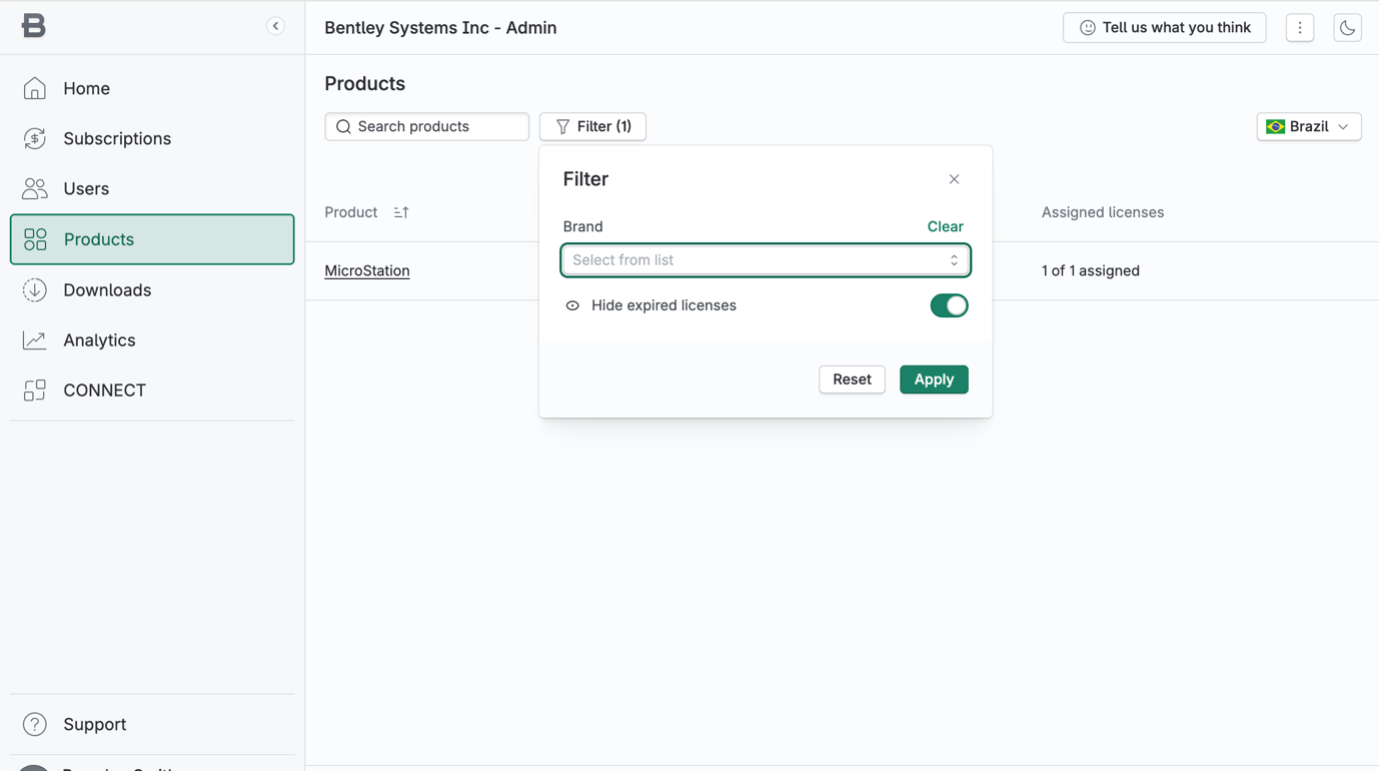Admin products page, filter menu