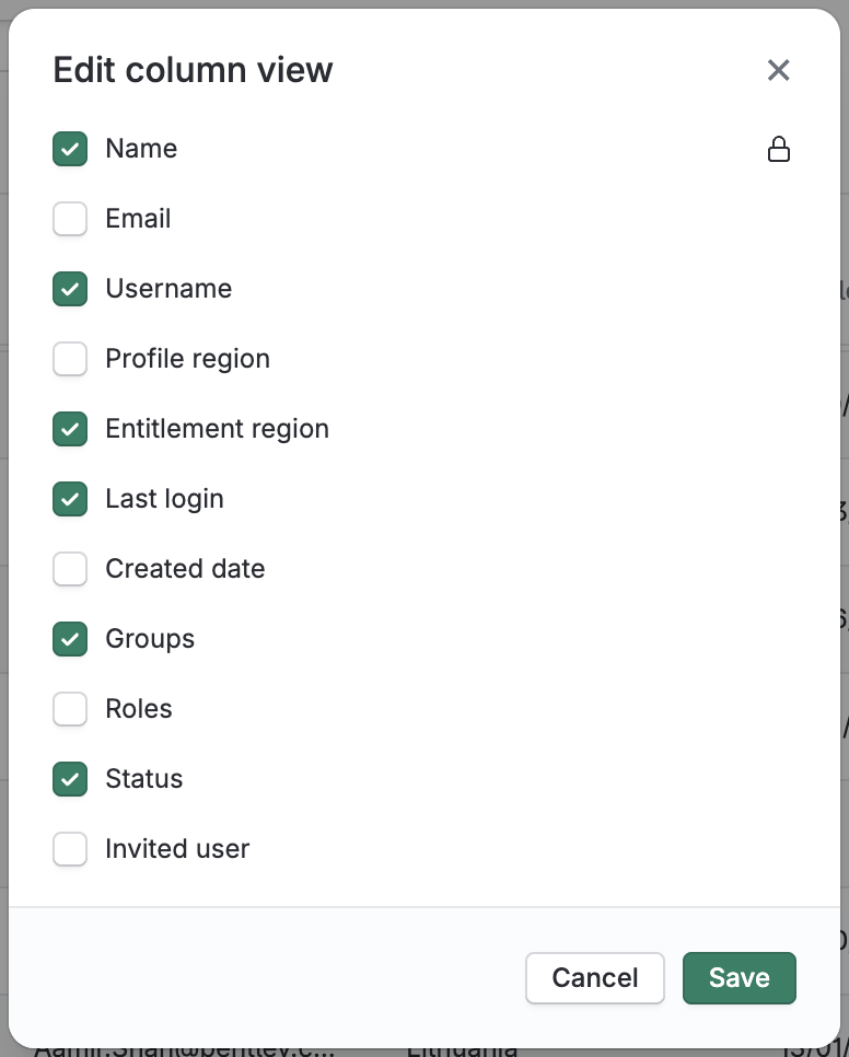 User table custom columns selection dialogue