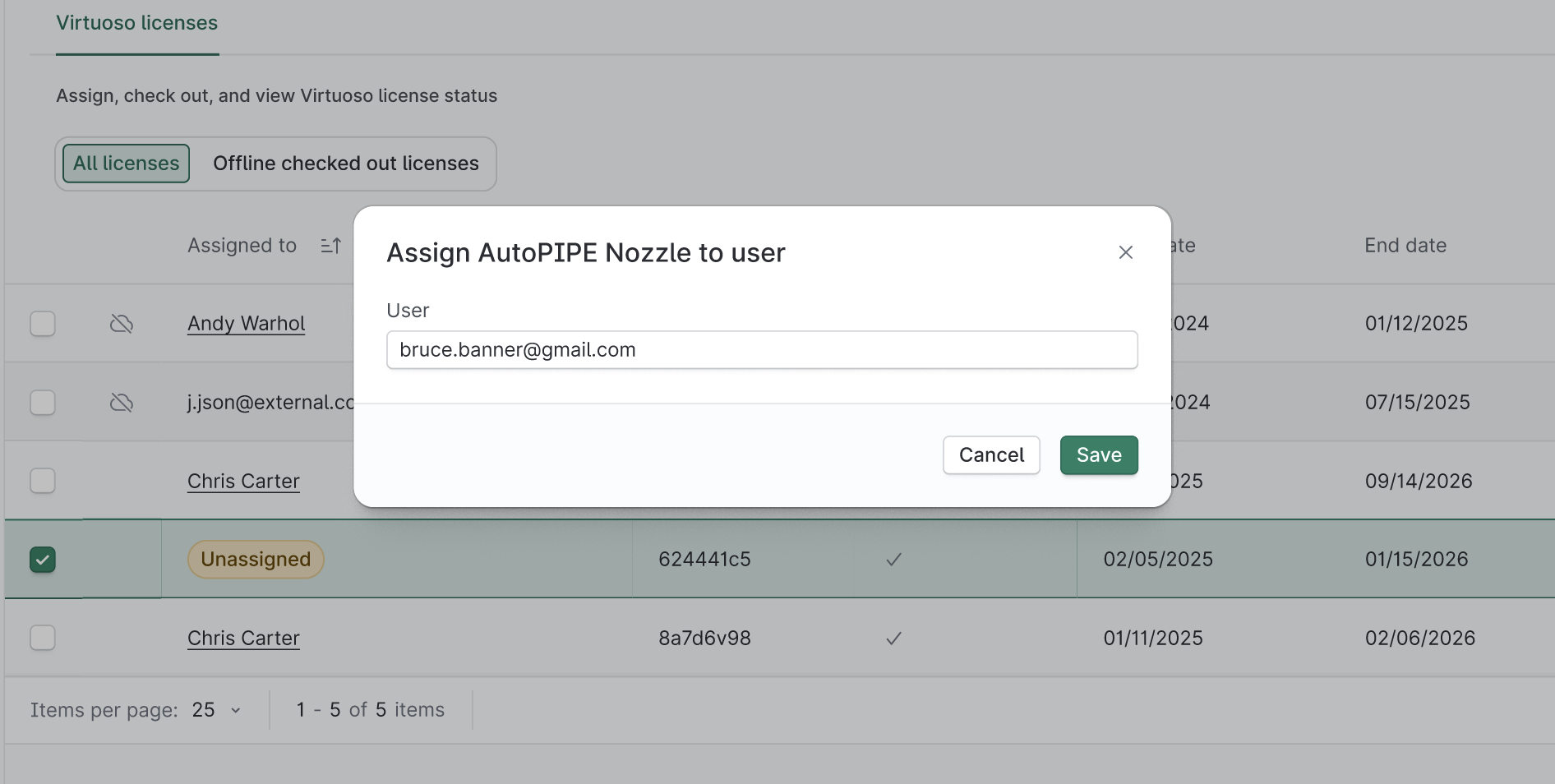 Admin, choose user to assign license