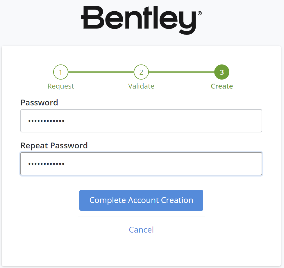 Screenshot of create step in user registration process