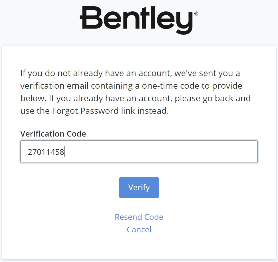 Screenshot of verification code step in user registration process