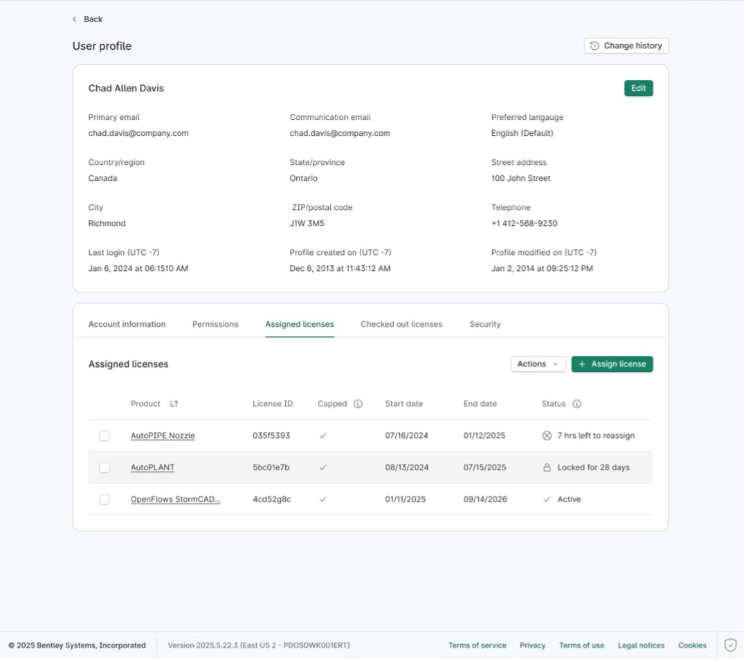 Admin users profile, Assigned licenses